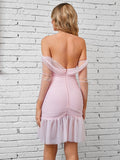 Strapless Tulle Sleeves Ruffled Hem Pink Dress