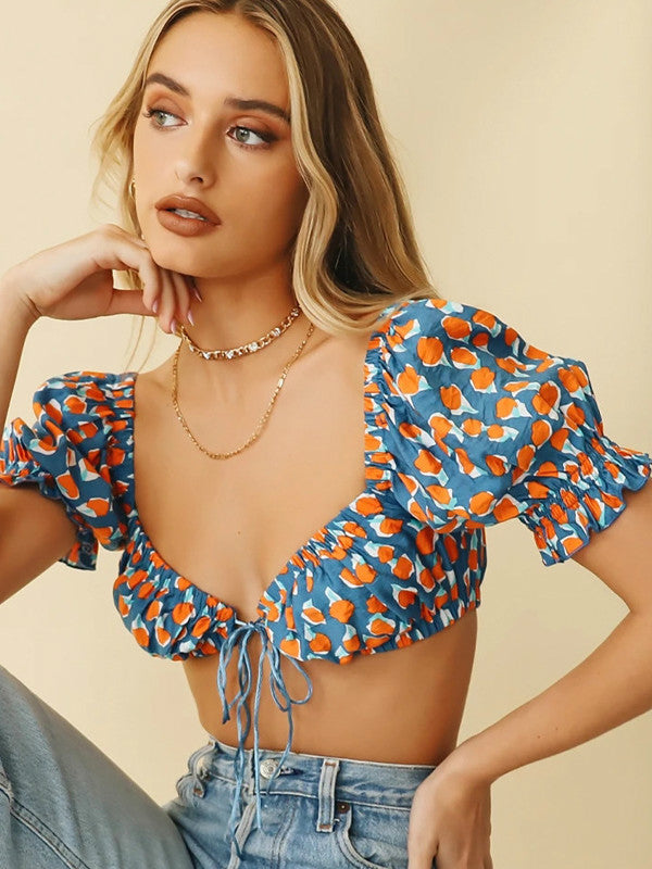 Printed Cropped Short-sleeved Top