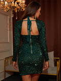 Nvuvu Sparks of Love Metallic Dark Green Cutout Long Sleeve Mini Dress