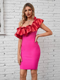 Rose Colored Ruffled Sloped Shoulders Sleeveless Dress