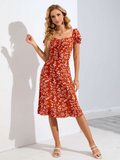 Red Puff Sleeves Heart-Shaped Neckline Print Dress