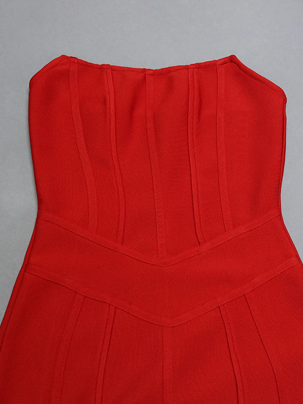 Red Ribbed Strapless Wrap Split Dress