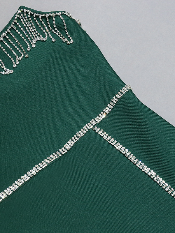 Teal Green Wrap Tassel Diamond Details Dress