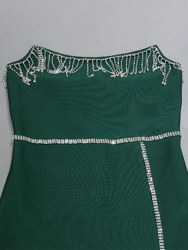 Teal Green Wrap Tassel Diamond Details Dress