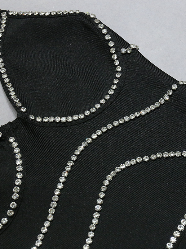 Black Halter Left Split Diamond Embellishment Dress