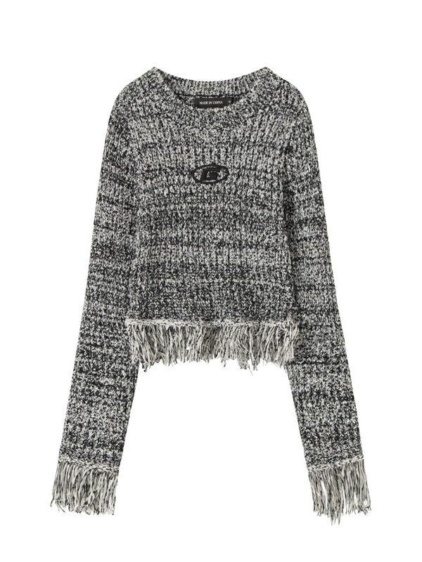 Nvuvu Knit Fringed Hem Ribbed Texture Sweater