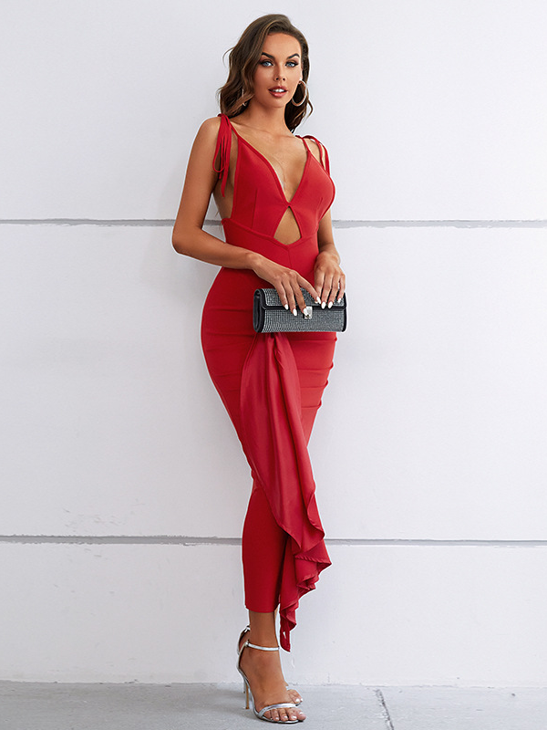 Strappy Red V-Neck Cut-Out Dress