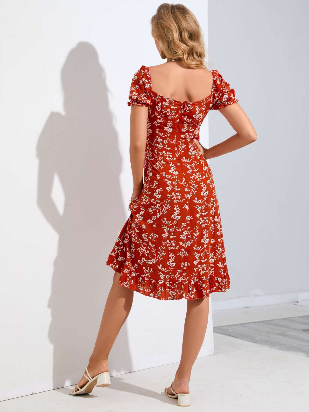 Red Puff Sleeves Heart-Shaped Neckline Print Dress