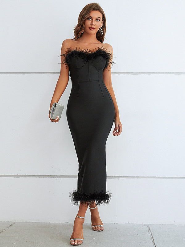 Strapless Black Feathered Party Bodycon Dress