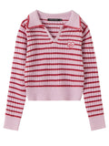 Nvuvu Collared Design Heart Pattern Stripes Sweaters
