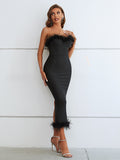 Strapless Black Feathered Party Bodycon Dress