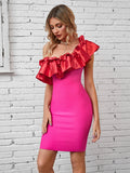 Rose Colored Ruffled Sloped Shoulders Sleeveless Dress