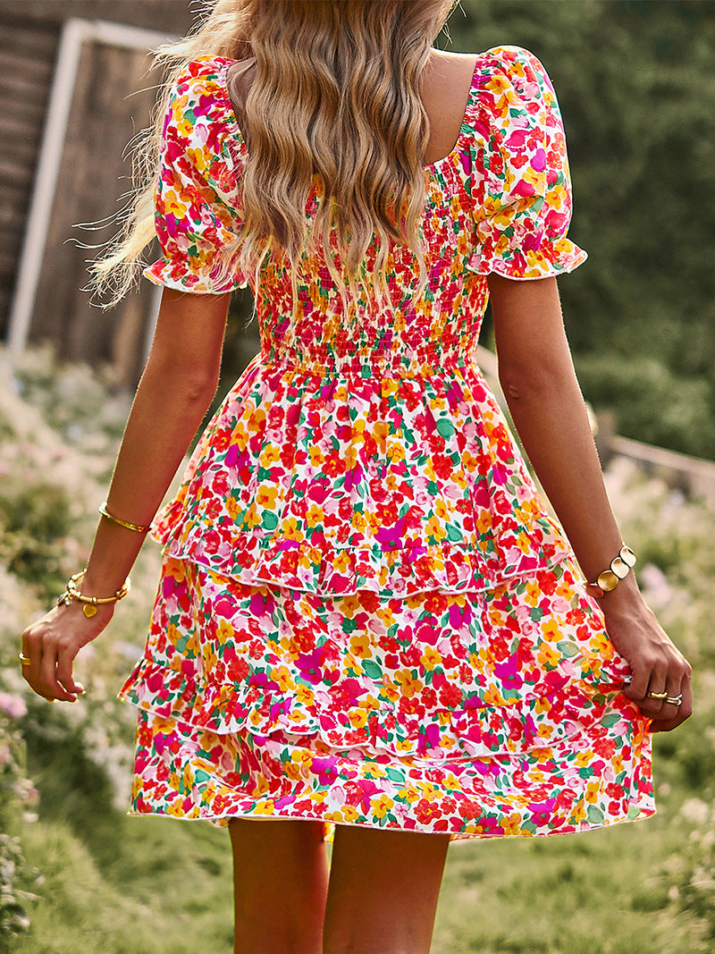 Floral Print Off-Shoulder Puffy Sleeves Dress