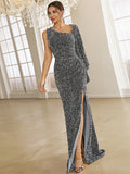 Nvuvu Going for Glitz Dark Grey Sparkly One-Sleeve Maxi Dress