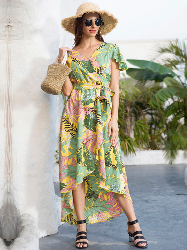 Sunshine Green Floral Print Tiered Dress