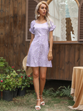 Light Purple Flower Puff Sleeve Mini Dress