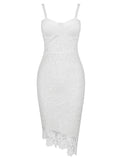 Majorly Trendy White Lace Flower Ribbed Bodycon Midi Dress