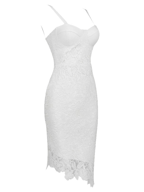 Majorly Trendy White Lace Flower Ribbed Bodycon Midi Dress