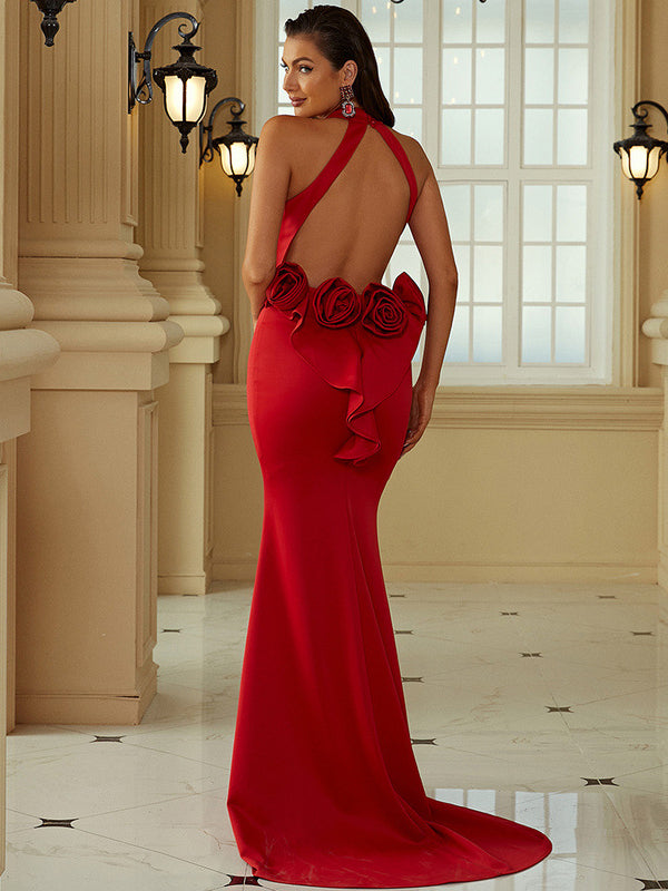 Nvuvu Classic Elegance Red  Sleeveless Mock Neck Rose Maxi Dress