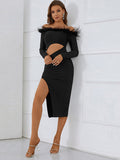 Nvuvu Baby Be Mine Black Off-the-Shoulder Feather Bodycon Dress