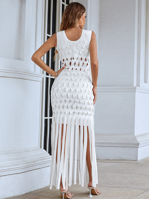 Nvuvu Reinette White Hollow-carved Tassel Mini Dress