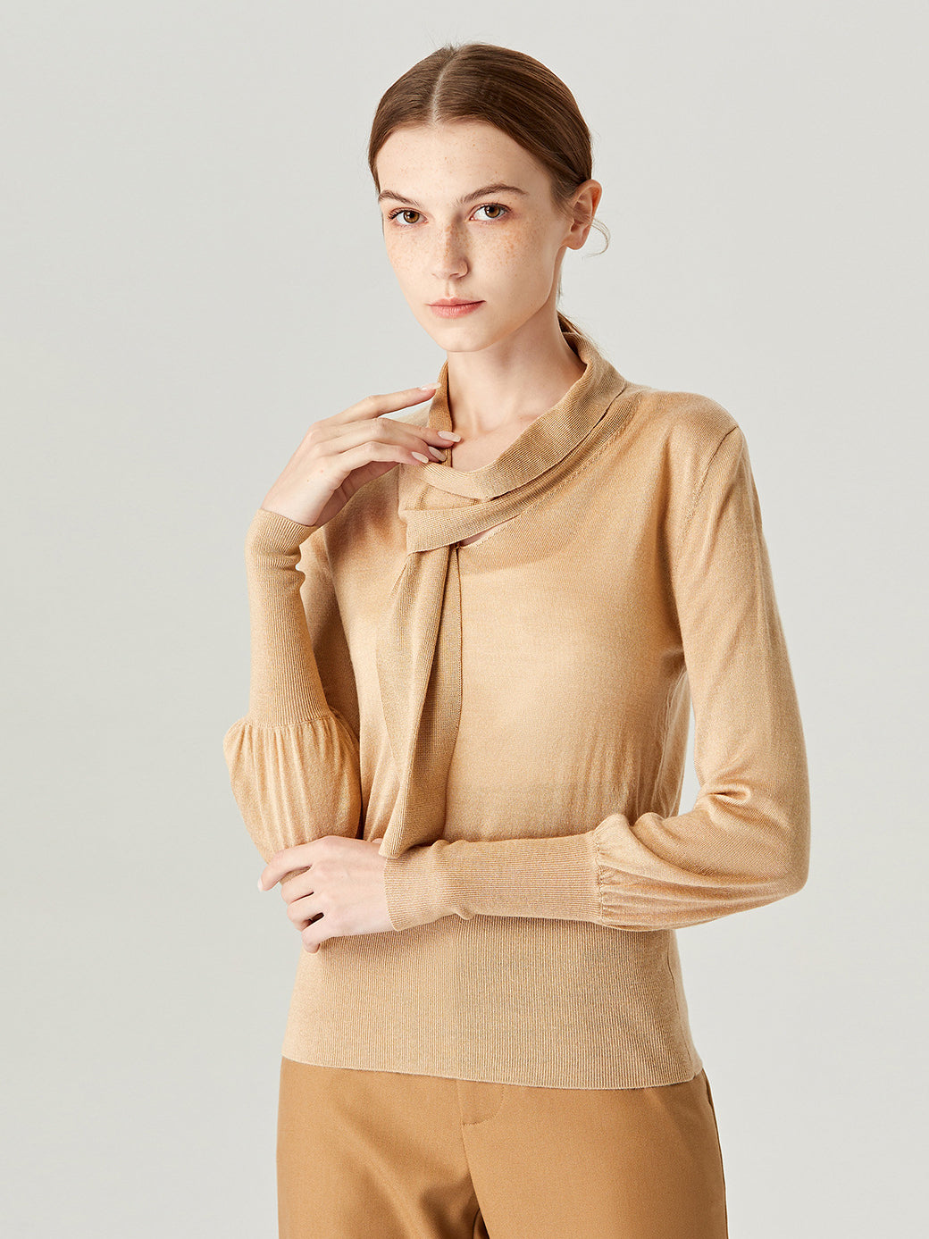 Party Mode Tan Ribbed  Scarf Neckline Sweater Top