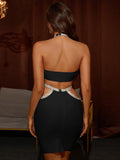 Nvuvu Know the Vibe Royal Black Cutout Halter Sparkly Rhinestones Bodycon Midi Dress