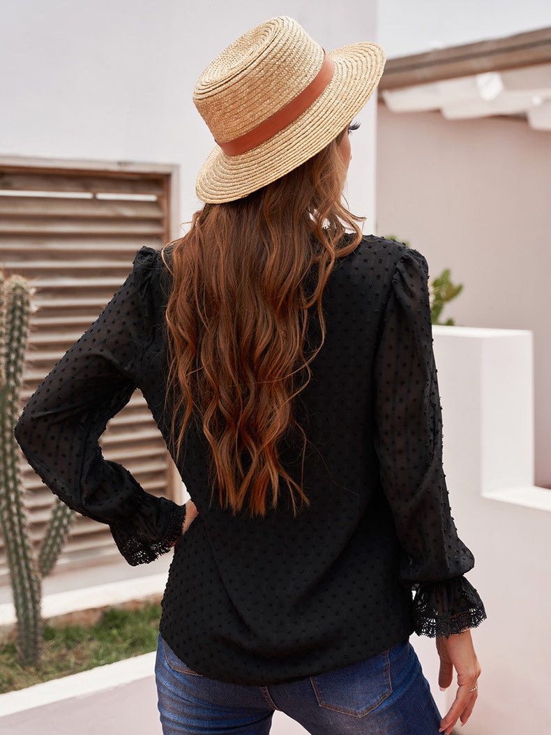 Dainty Dots Lace Long Sleeve Loose Blouse