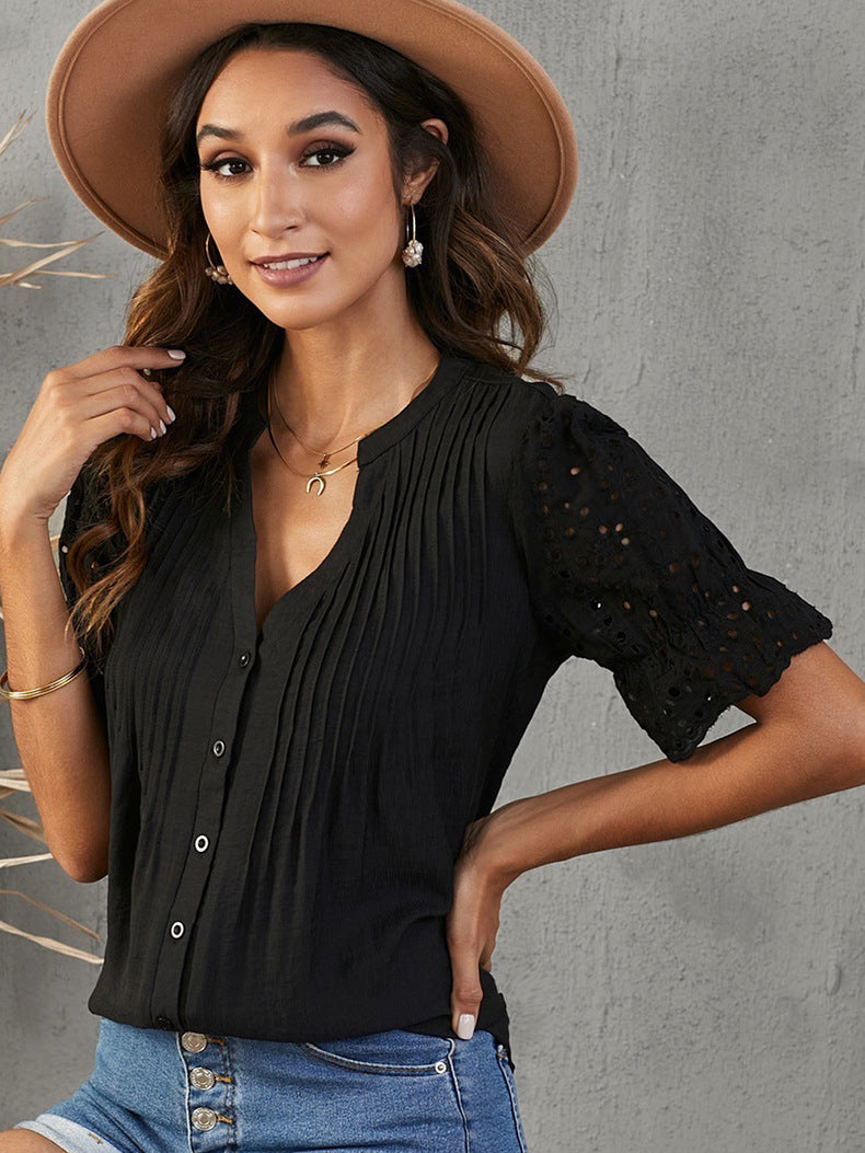 Everlee Striped Button-Up Lace Sleeve Top