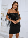 Glamorous Celebrations Black Strapless Sequin Tassel Dress