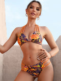 Orange Triple Strap Halter Tropical Bikini