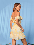 Ruffled Bust Strapless Yellow Printed Dress