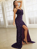 Nvuvu Evenings of Elegance Purple Sequin Lace-Up Maxi Dress